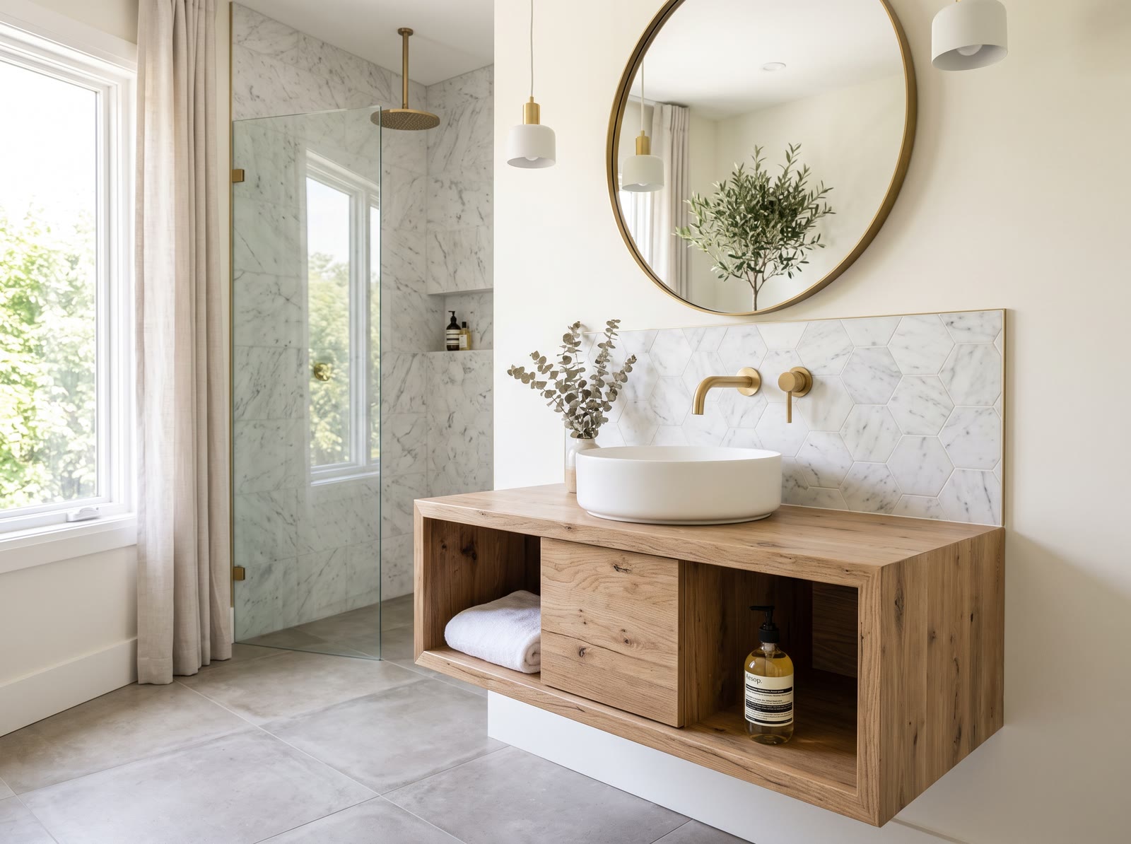 Bathroom with white marble hexagon tile