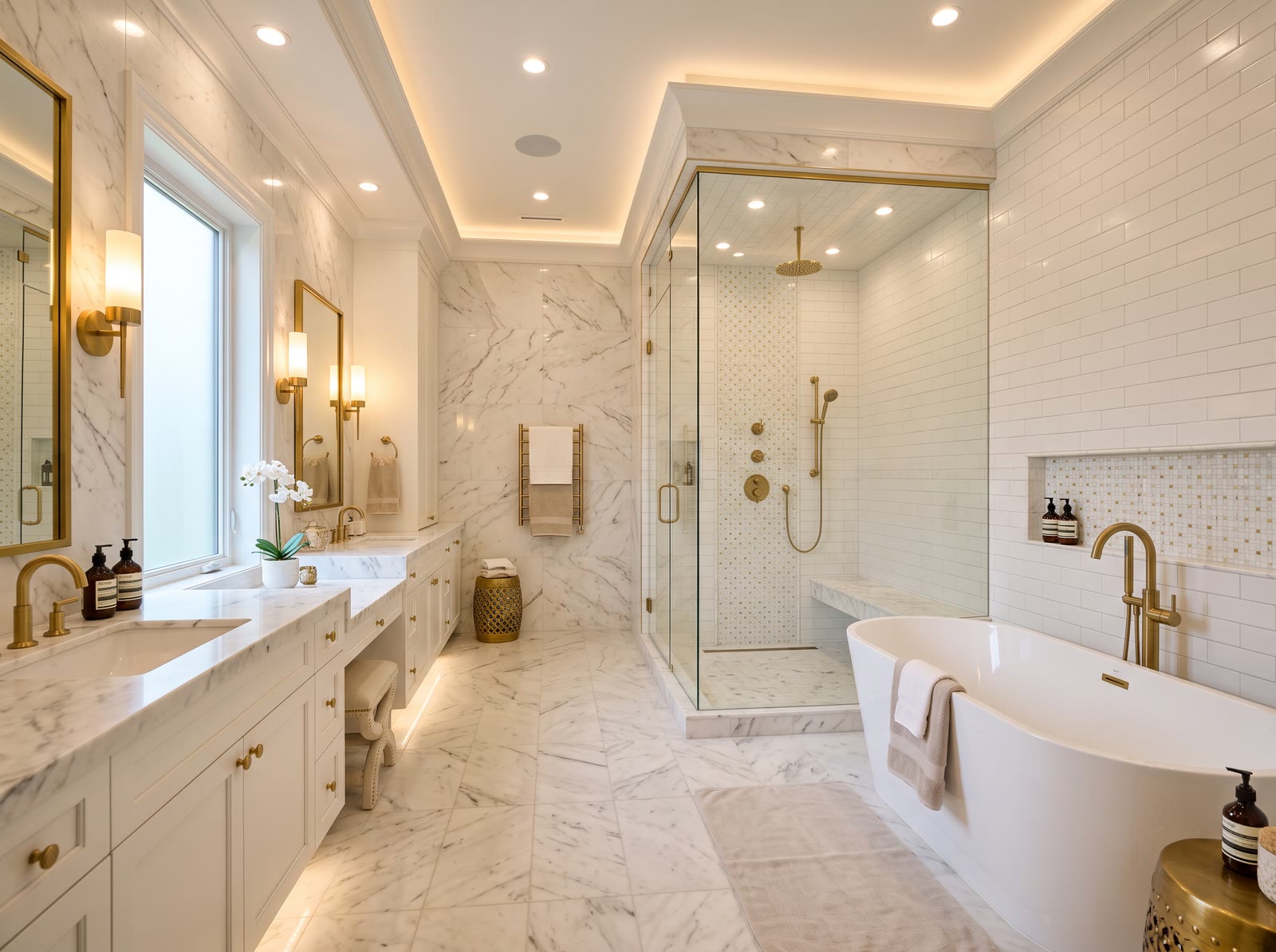 Luxury marble tile bathroom with freestanding tub